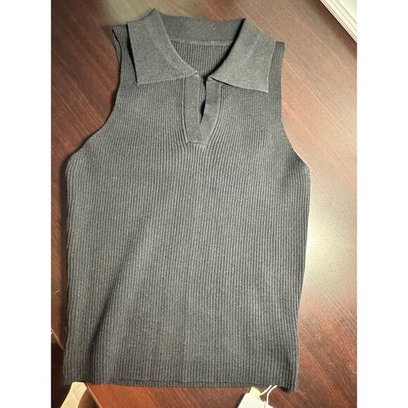 Sleeveless Collared V-Neck Ribbed Black Top | Size 8-10 | Commense - Picture 2 of 5